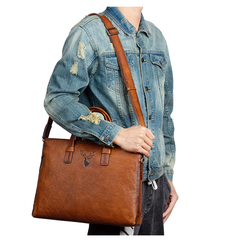 Retro Men's Briefcase Leather Casual Handbag Top Layer Cowhide Shoulder Bags Men Business Bag Pure Leather Laptop Tote Bags
