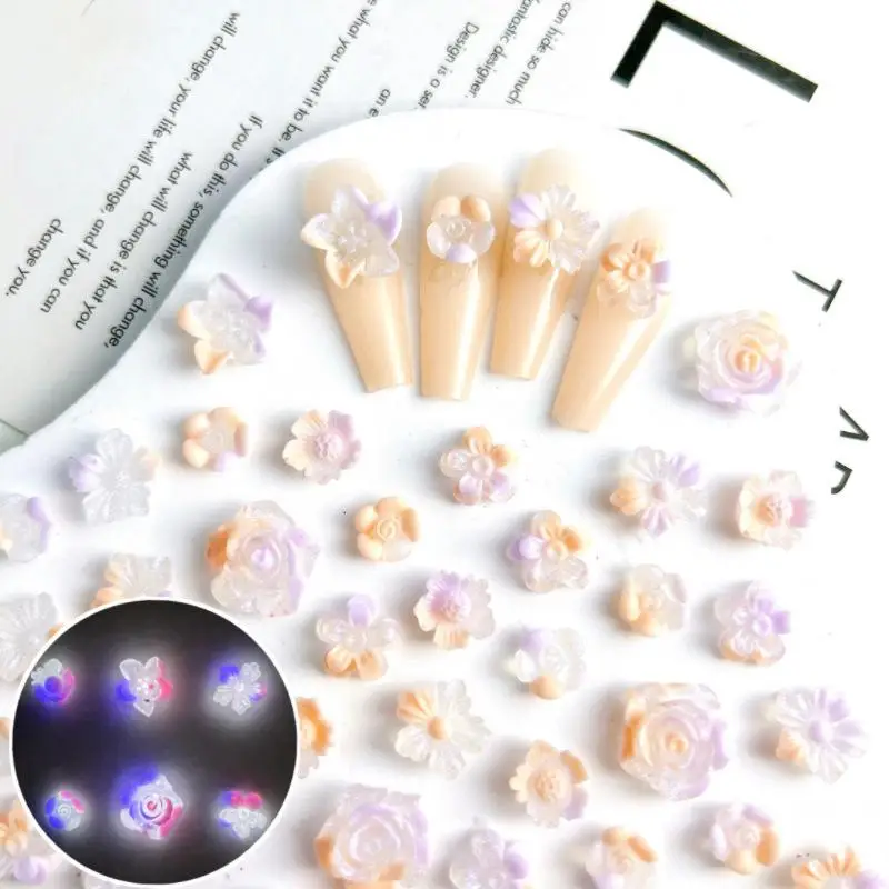 Multiple Style Five-petal Flower Nail Charms Luminous Translucent Camellia Resin Nail Art Decorations Handmade DIY Hairpin Nails