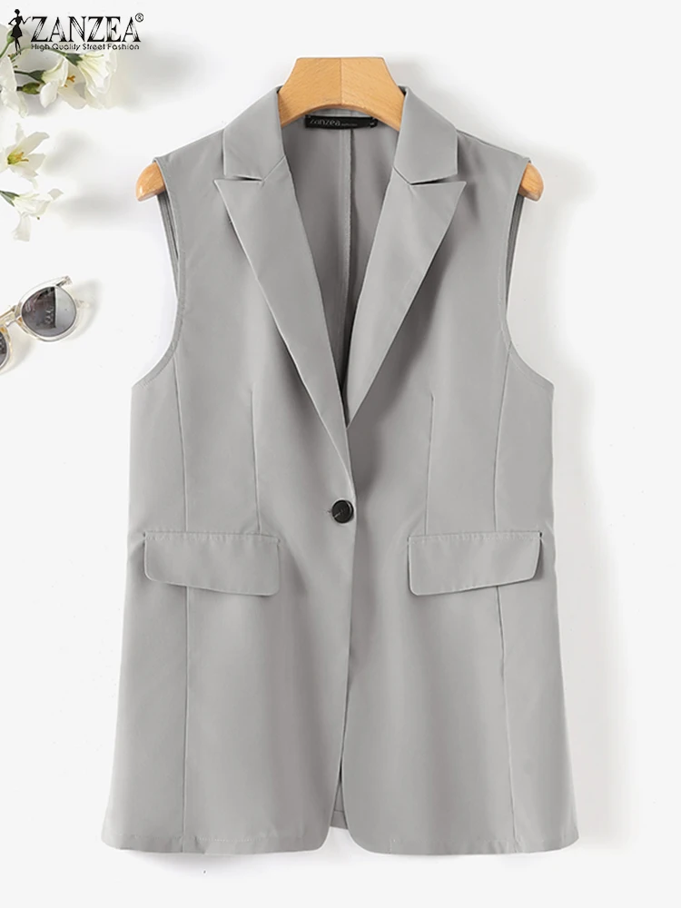 ZANZEA Summer 2024 Women Blazer Fashion Thin Blazer Sleeveless Buttons Side Casual OL Work Office Thin Jackets Tops Streetwear