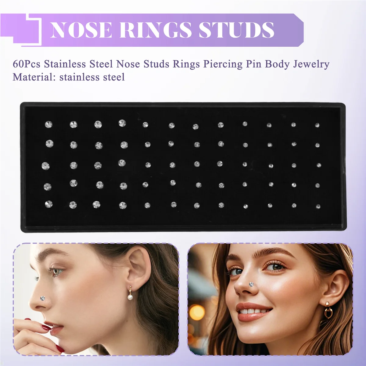

RANA 60Pcs Stainless Steel Rings Piercing Pin Body Jewelry 22G 1.5mm 2mm 2.5mm