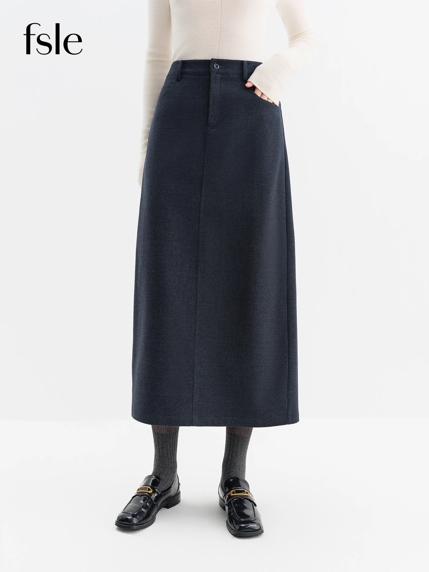 

​FSLE 2025 Winter Women's Dark Blue High Waist Denim Skirt Rivet Detail - A-Line Stretch Mid-Length Skirt for Daily Casual Wear