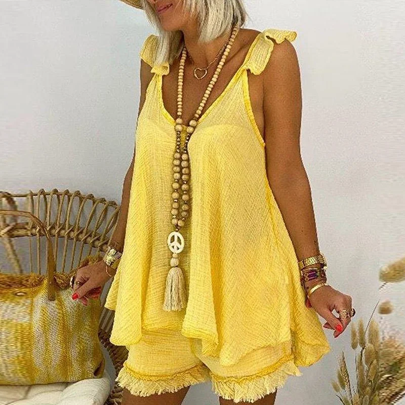 Frauen Zwei Stück Set Plus Größe Patchwork Fringe Saum Weste Anzug 2021 Baumwolle Leinen Boho Shorts Weibliche Damen Strand Outfit sommer