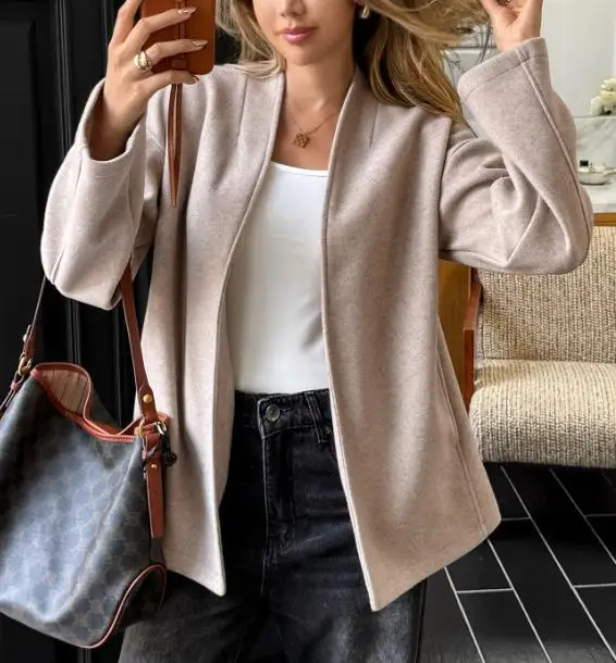 2025年秋 Vネック カジュアル 無地 ショートカーディガン ウールコート レディース、エレガントでシンプルな気質、スリムフィット ショートコート