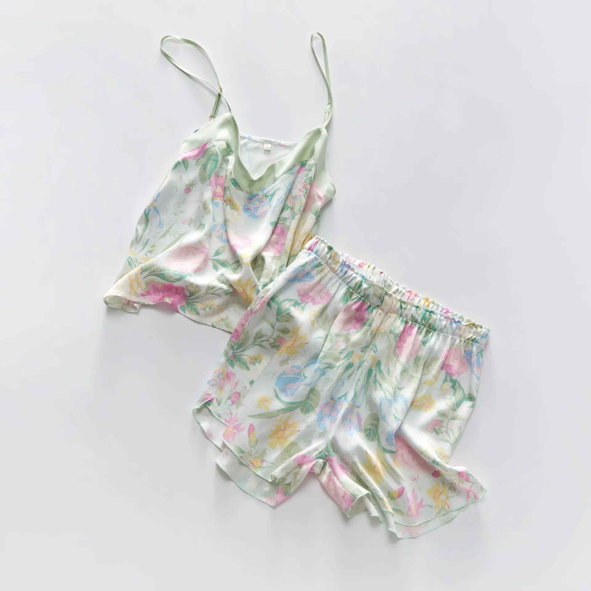 Summer Women\'s Clothing Satin Mint Green Printing Suspender Shorts Pajamas for Women Viscose Floral Sexy Sleepwear 2 Piece Set