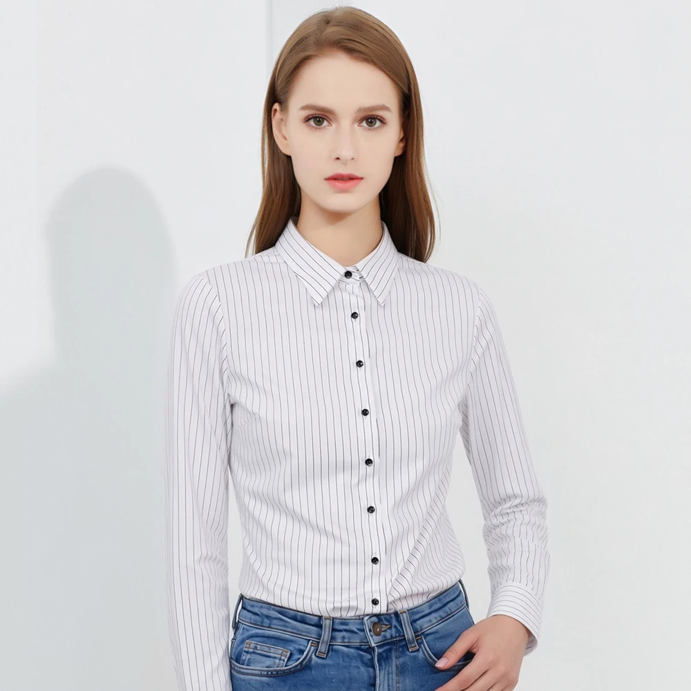 

Women’s Easy Care Stretch Fit Dress Shirts Long Sleeve with Striped Pattern Professional Tops Office Wear No Iron