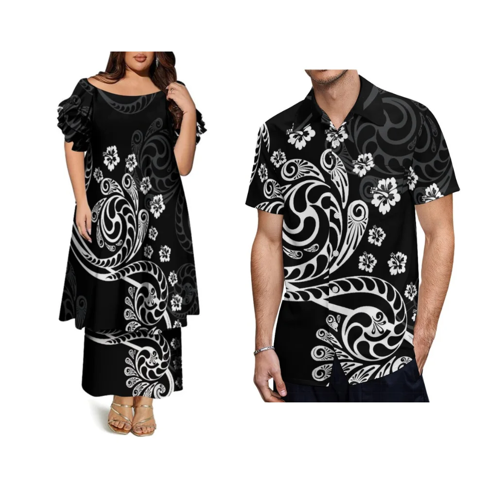 Verão puletasi personalizado casal em torno do pescoço manga borboleta dupla camada saia conjunto polinésia senhoras vestido solto camisa casual