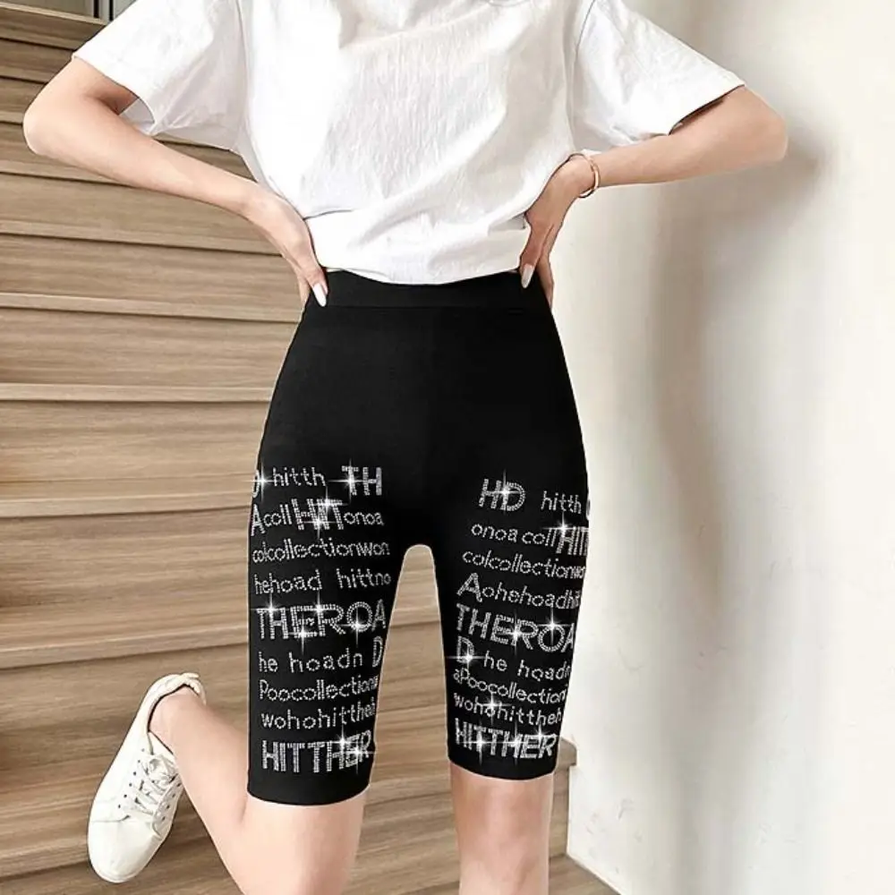 Pantalones cortos de Yoga con letras de circón sin costuras, mallas finas de cintura alta, pantalones elásticos, ropa de calle, pantalones de Yoga de cristal para gimnasio