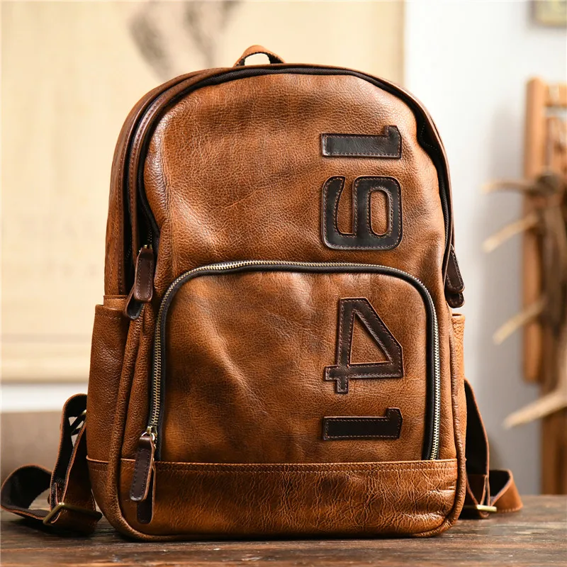 

Vintage high-quality genuine leather men's backpacks outdoor travel designers handmade natural real cowhide women 1941 bagpack