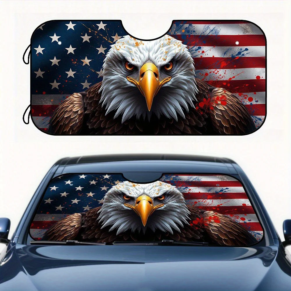 1pc Patriotic Eagle & American Flag Car Windshield Sunshade - Foldable UV Protection With Suction Cups, Durable Polyester, Fit F