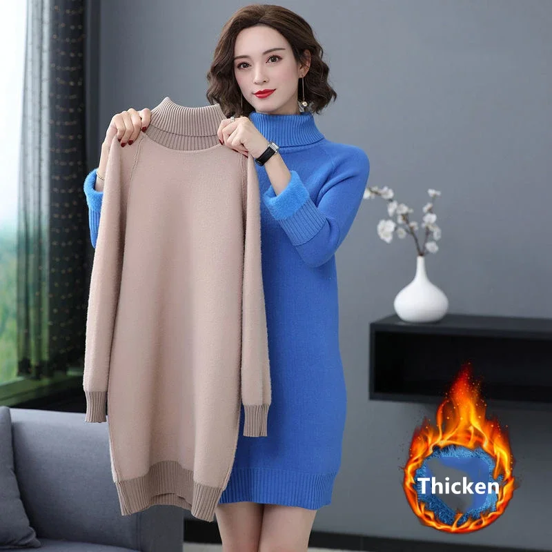 Pull mi-long doublé de velours pour femme, col roulé mince, pull épais, tricots chauds, sourire coréen, hiver