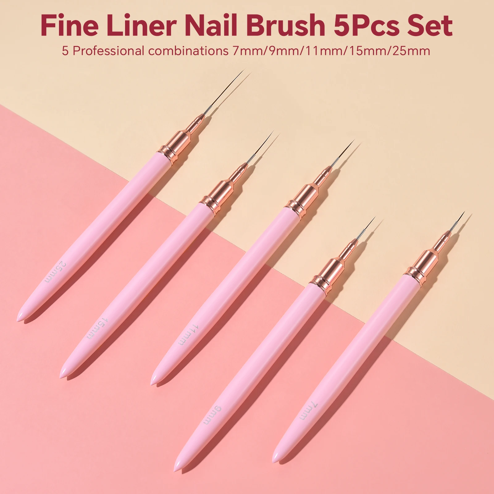 

7/9/11/15/25 мм кисти для дизайна ногтей, 5 шт., розовая, фиолетовая кисть для ногтей, профессиональный волокнистый инструмент для рисования маникюра