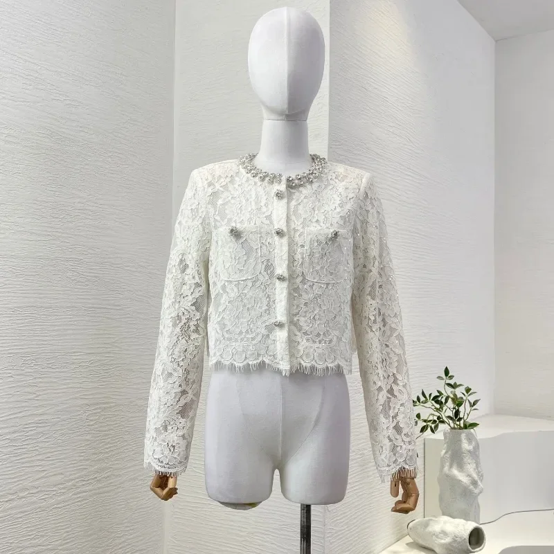 سترة علوية وتنورة امرأة 2 قطعة مجموعة الزي 2025 جديد جميل أبيض طويل الأكمام الدانتيل المرقعة الماس #5