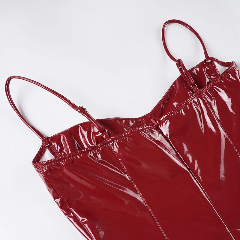 DSMTRC femme en cuir Pu sans bretelles sans manches Sexy mode Mini robe rouge dos nu maigre pêche hanche fête de noël robe moulante