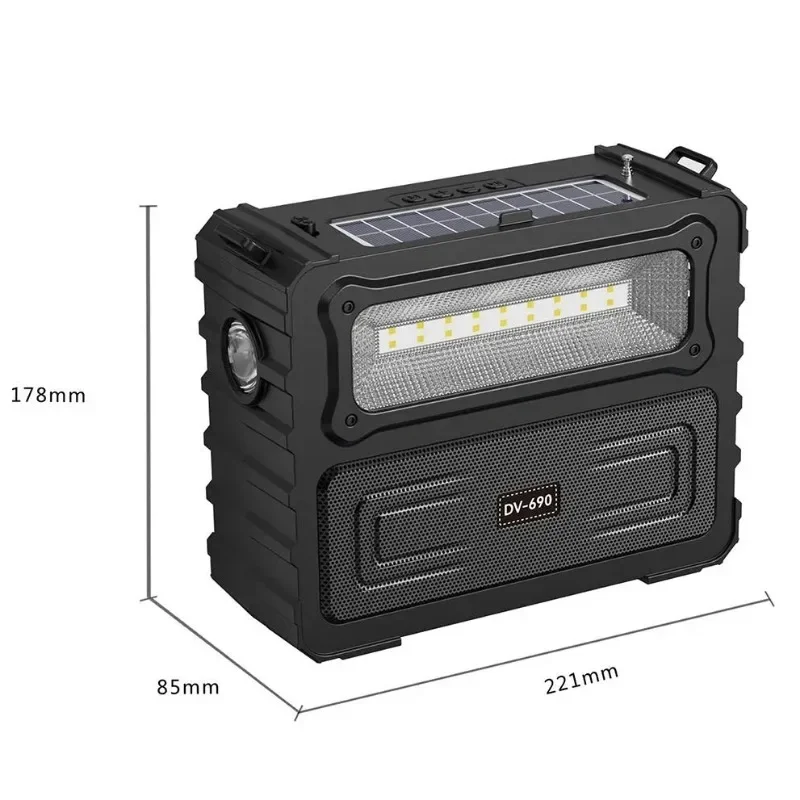 DV-690 Solar Charging Wireless Speaker with Two LED Lights Outdoor Camping Multi-function Bluetooth Soundbox Portable FM Radio