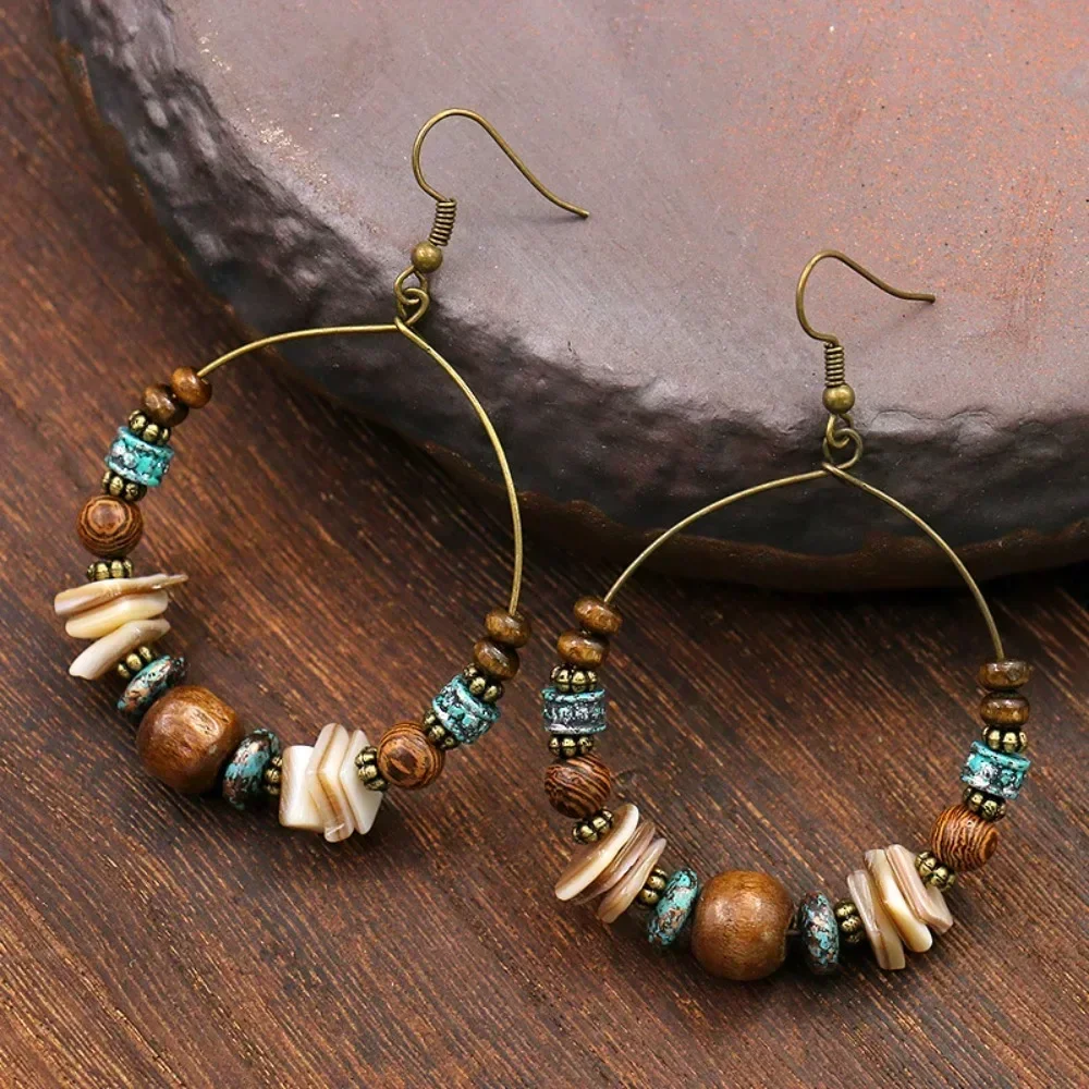 2025 New Bohemia Women Earrings Vintage Gypsy Style Big Bronze Wood Beads Round Drop Fashion Jewelry Trendy Ethnic Accessories
