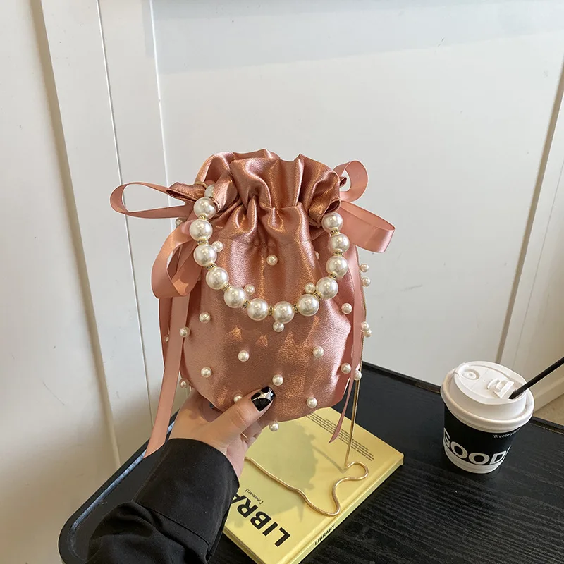

2025 Viral Ruffled Bucket Bag Pearl Embellished Shoulder Purse Instagram Famous Handbag Chic Tote for Women