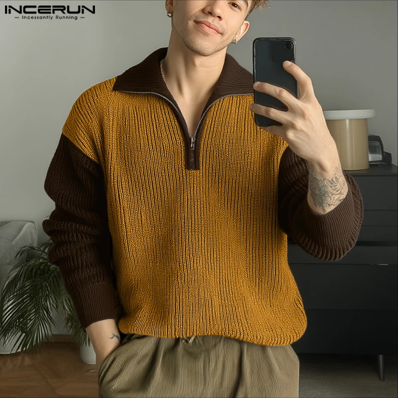 INCERUN Men Pullovers Patchwork Lapel Long Sleeve Knitted Spring Autumn Casual Male Sweater Zipper Streetwear Men Clothing S-5XL