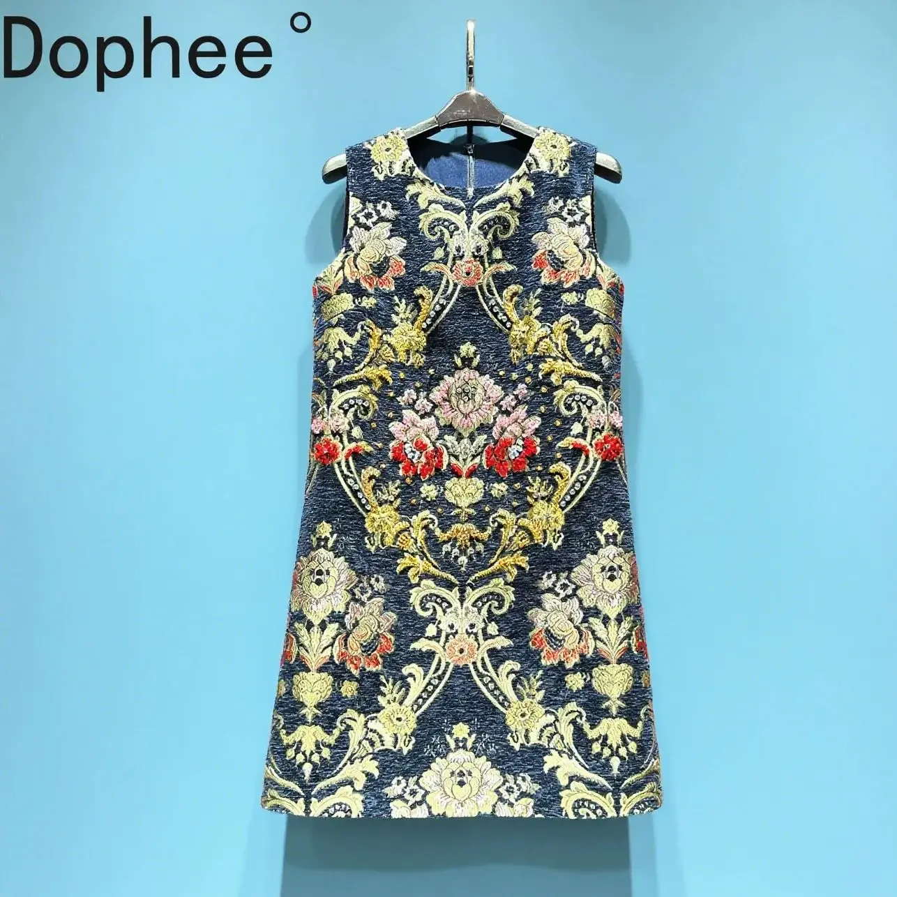 High Quality Retro Jacquard Fabric Short A-line Dress for Women O-neck Sleeveless Vest Dress Luxury Diamonds Elegant Party Dress