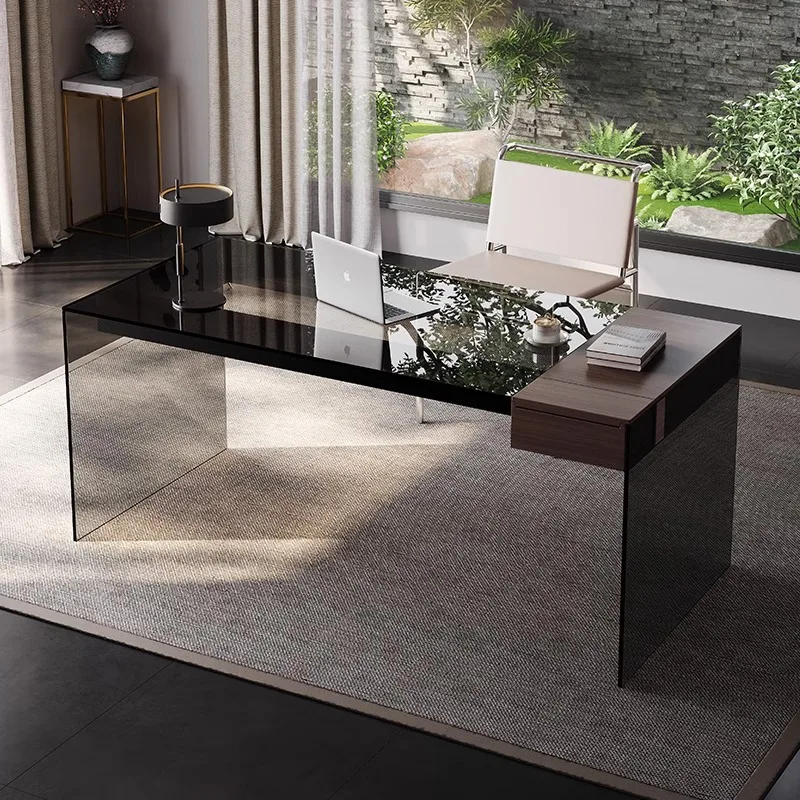 

HYS Simple Modern Light Suspension Table Villa Color Study Luxury Office Smoked Glass Desk