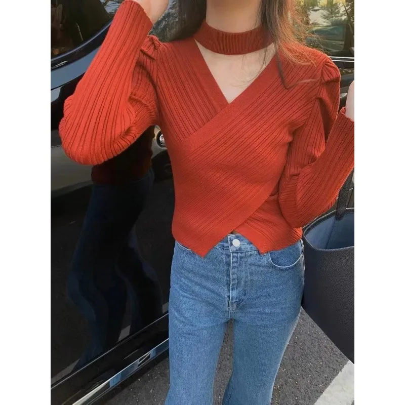 Design Sense Neck V-neck Bubble Sleeves Thickened Knitted Bottoming Sweater Women's Autumn and Winter New Version Slim Top