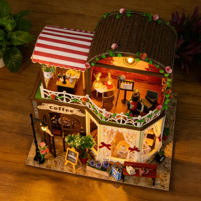 OUZEY Two-Story Flower Villa DIY, 3D Wooden Dollhouse with Garden, Creative Building Kit for Teens