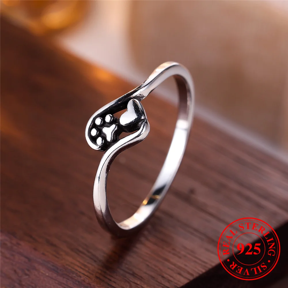 Female Real 925 Sterling Silver Engagement Ring Vintage Small Black Heart Dog Cat Paw Claw Wedding Jewelry For Women