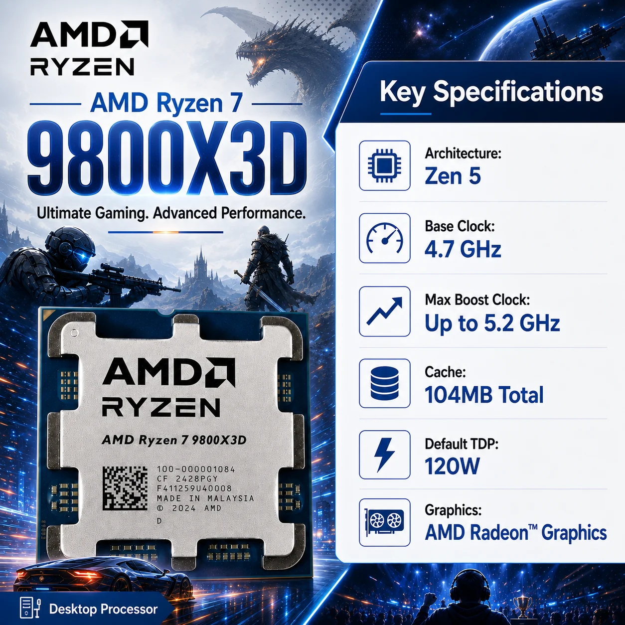 

Brand New AMD Ryzen 7 9800X3D R7 9800X3D CPU 8C16T 5.2GHz 96MB 3D V-Cache Zen5 4nm AM5 DDR5 120W Gaming Desktop Process