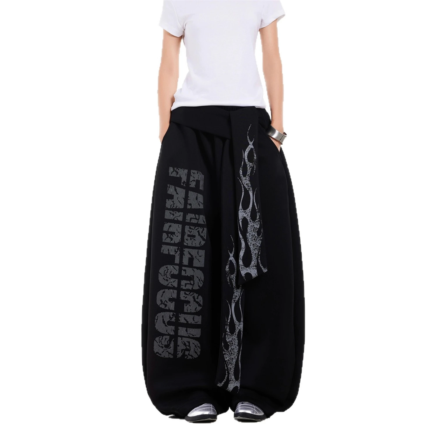 Y2K Women's Black Wide Leg Pants 2025 New Fashion Flame & Letter Graphic Print Loose High Waist Casual Streetwear Trousers