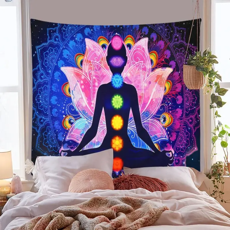 VIKAMA Seven Chakra Meditation Tapestry, Mandala Galaxy Planet Starry Sky Wall Hanging, Bohemian Wall Decor