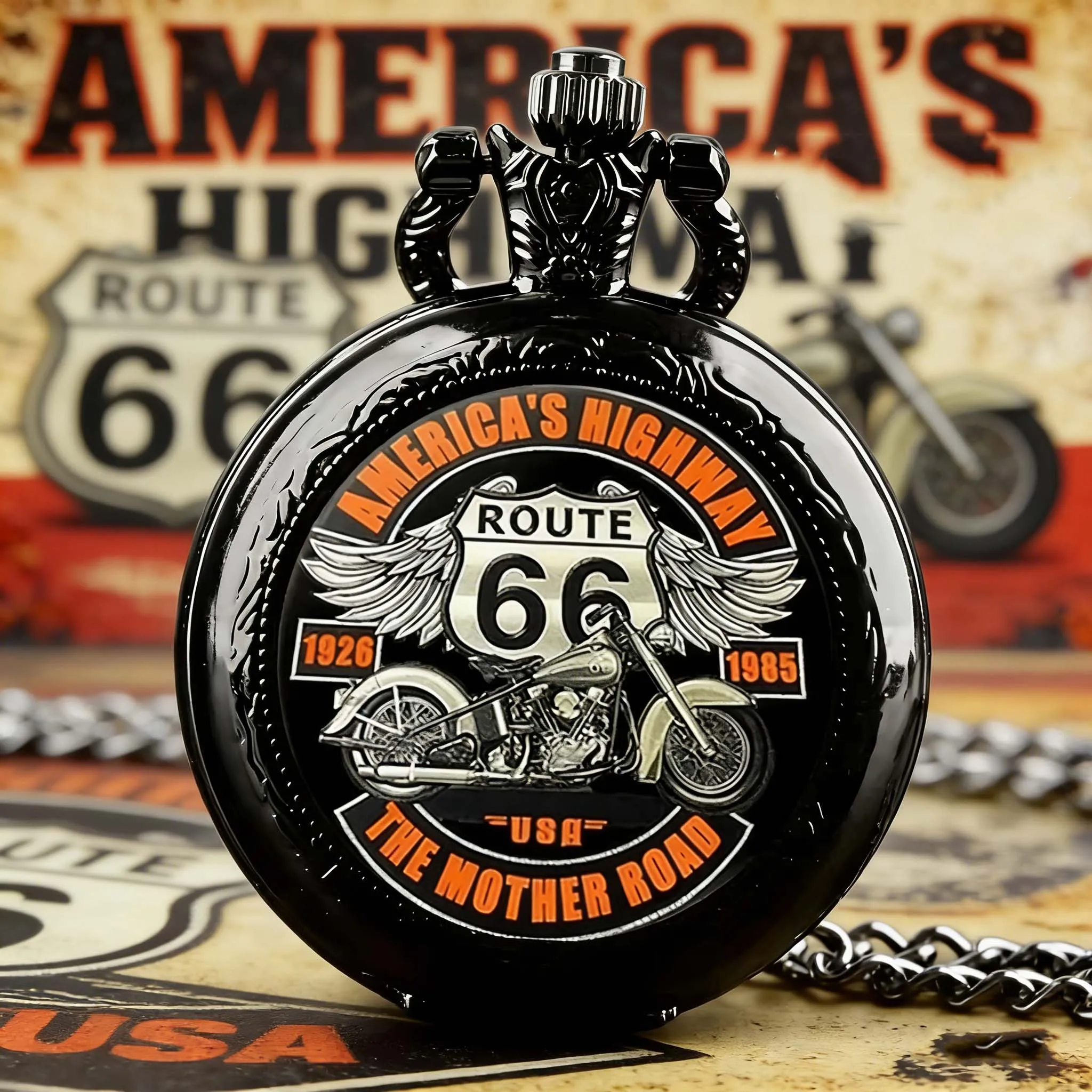 

Exquisite Cool Motorbike Route 66 The Mother Road Pattern Pocket Watch Design, Precise Quartz Movement Watch Gift for Male Kids
