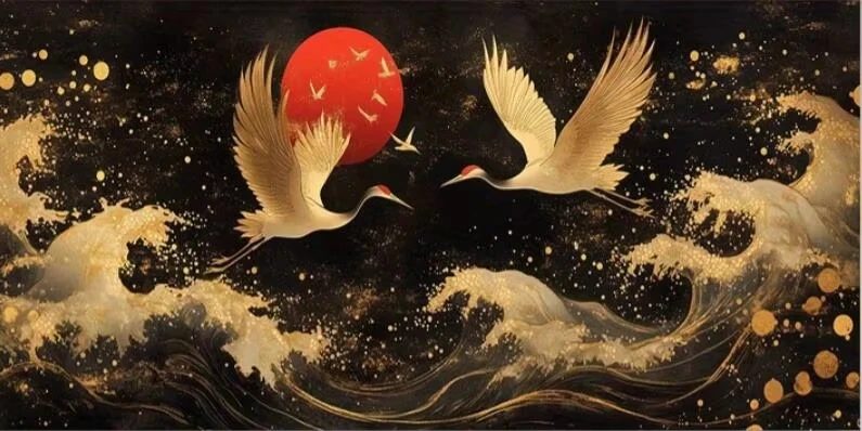 Goldener Rotkronenkranich Rote Sonne Poster und Drucke Tier-Vogel-Kunst Leinwandgemälde Wandbild für Wohnzimmer Heimdekoration – Detail 6
