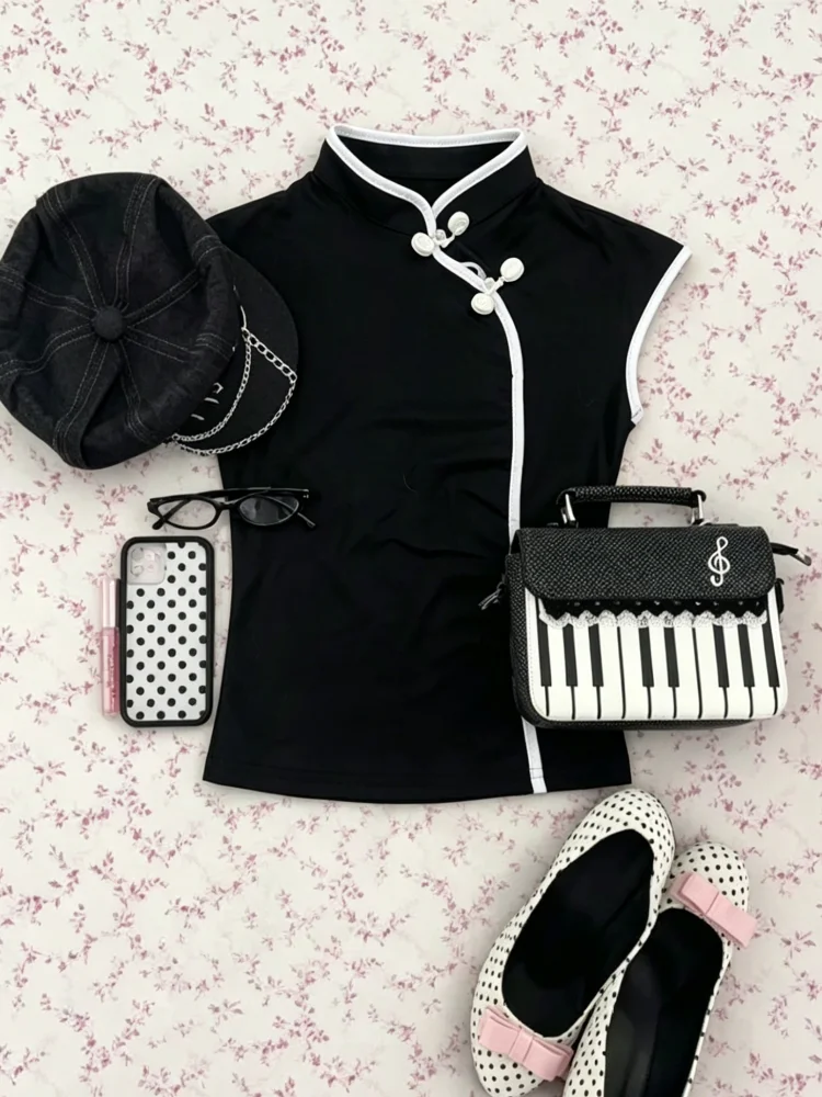 Elegant Oriental Stand Collar Crop Top White Binding Placket Handmade Frog Buttons Slim Waist Streetwear Cheongsam Tee