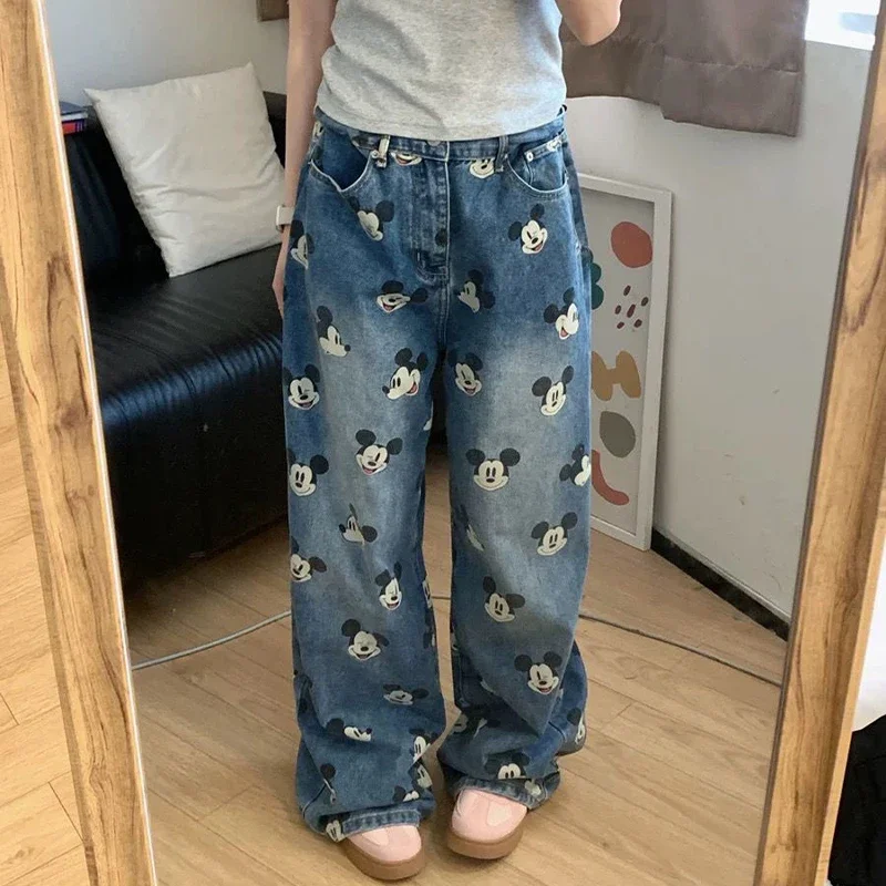 

Джинсы для девочек с принтом Микки Мауса 2026, в стиле аниме Disney Kawaii, женские прямые брюки с высокой талией, свободные повседневные штаны для девочек