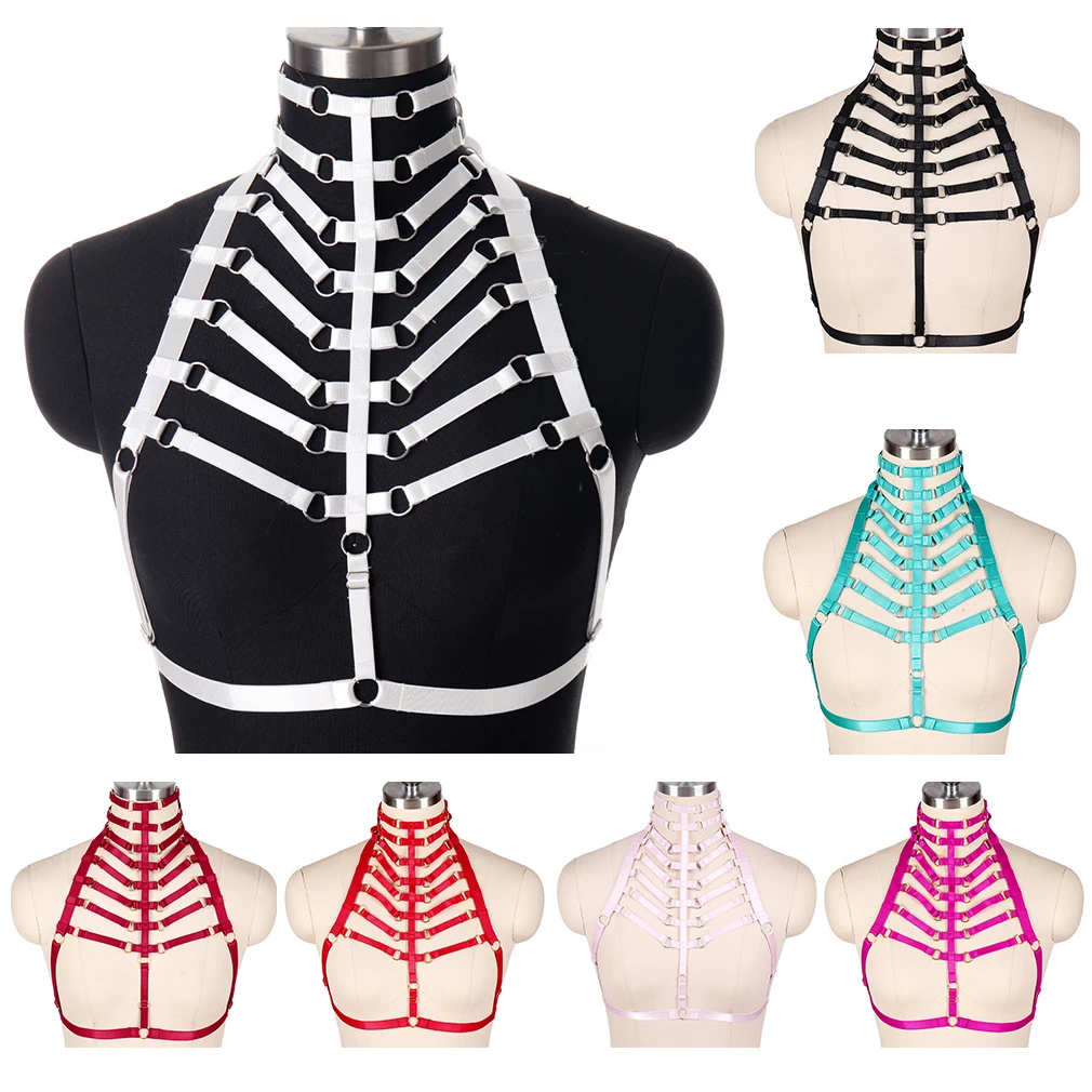 Women Body Cage Bra Sexy Lingerie Body Cage Goth Bondage Body Harness Belt Elastic Ring Adjustable Crop Top Open Chest Bra