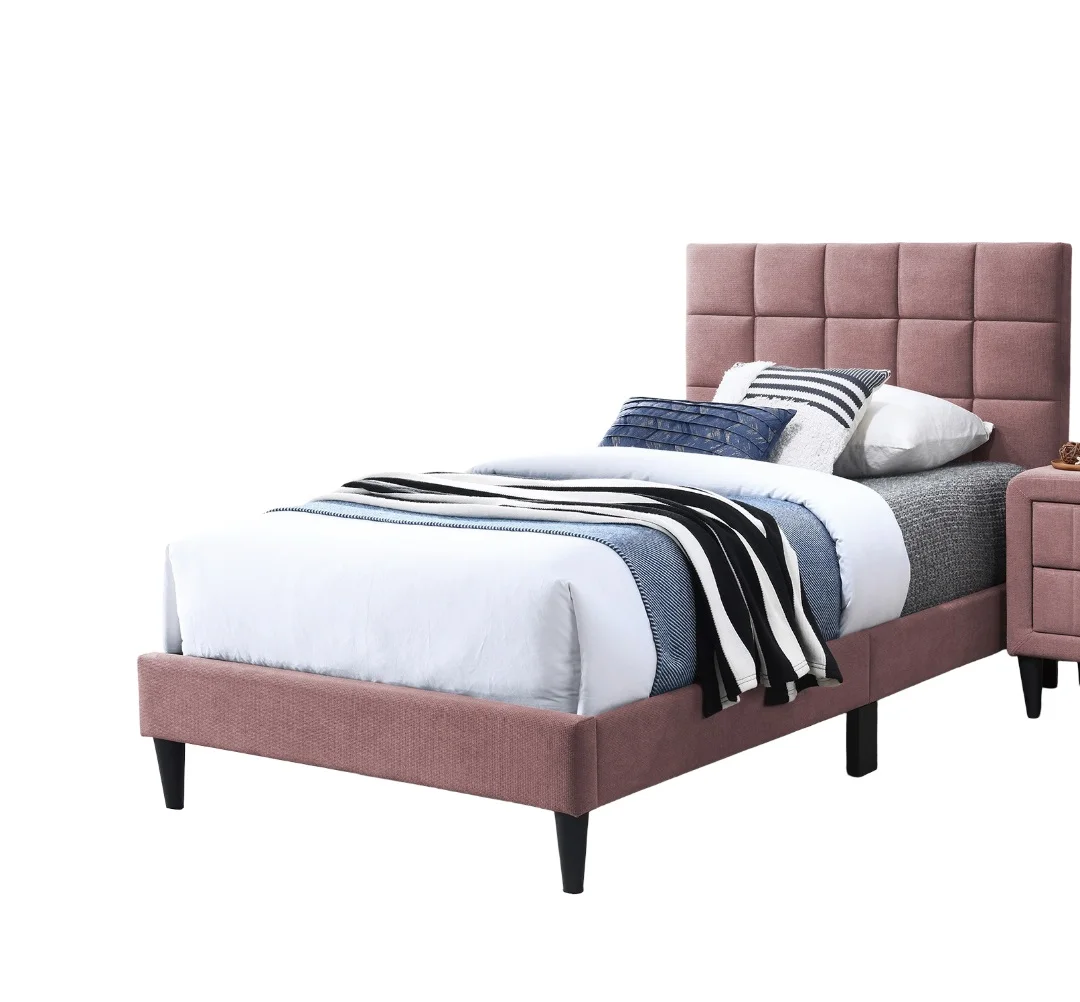 Pink Finish Luxurious Twin Size Bed 1pc Biscuit Tufted Adjustable Headboard Middle Legs Support Bedroom Furniture