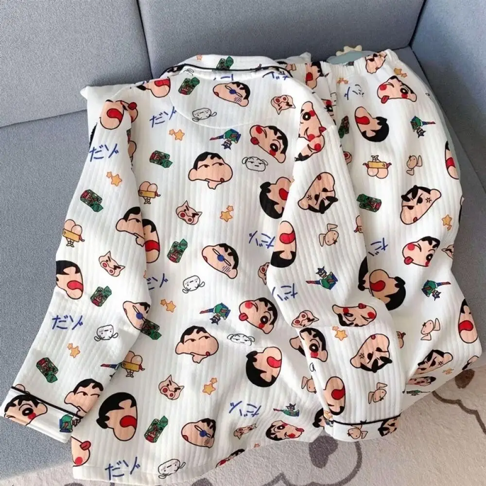 Crayon Shin Chan All Over Print Turn Down Collar Long Sleeve Pajama Set Autumn Winter Long Pants for Women