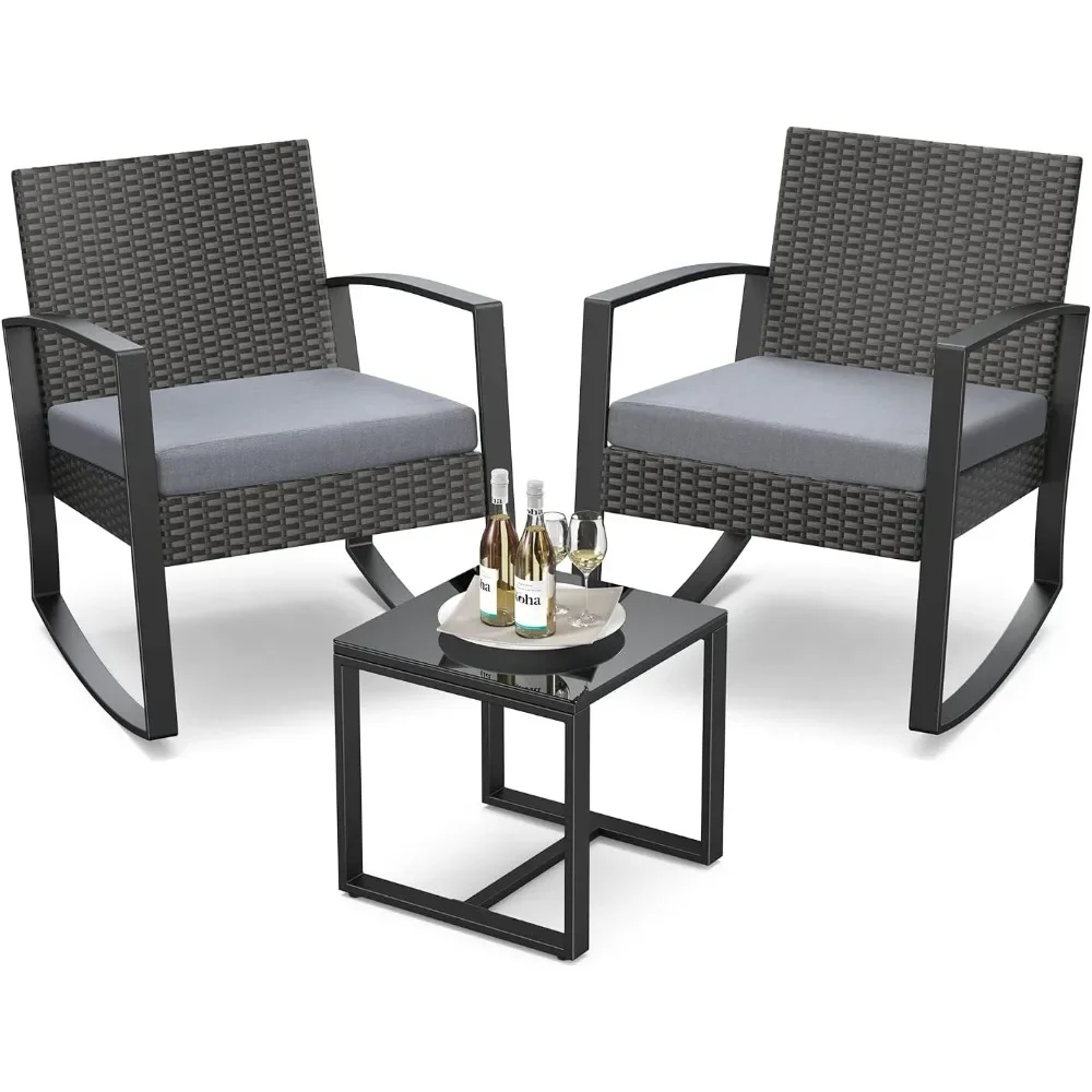 

3 Pieces Patio Furniture Set Rocking Bistro Set Outdoor Rattan Conversation with Coffee Table for Garden Balcony Backyard