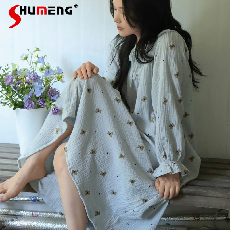 

Cotton Gauze Nightdress Female Autumn Pure Cotton Chest Pad Sleepshirts Women's Sweet Bear Autumn Winter Pajamas Homewear