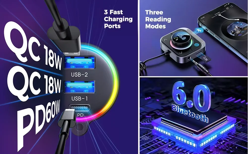 Joyroom Bluetooth 6.0 FM/AUX Transmitter Car Adapter Audio FM Transmitter Bass Boost 3 Ports PD&QC 3.0 FM Bluetooth Fast Charger