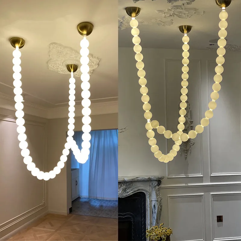 Modern Luxury Ceiling Hanging Chandelier Lighting Pearl Necklace Engineering Pendant Light for Staircase Living Room Foyer Decor