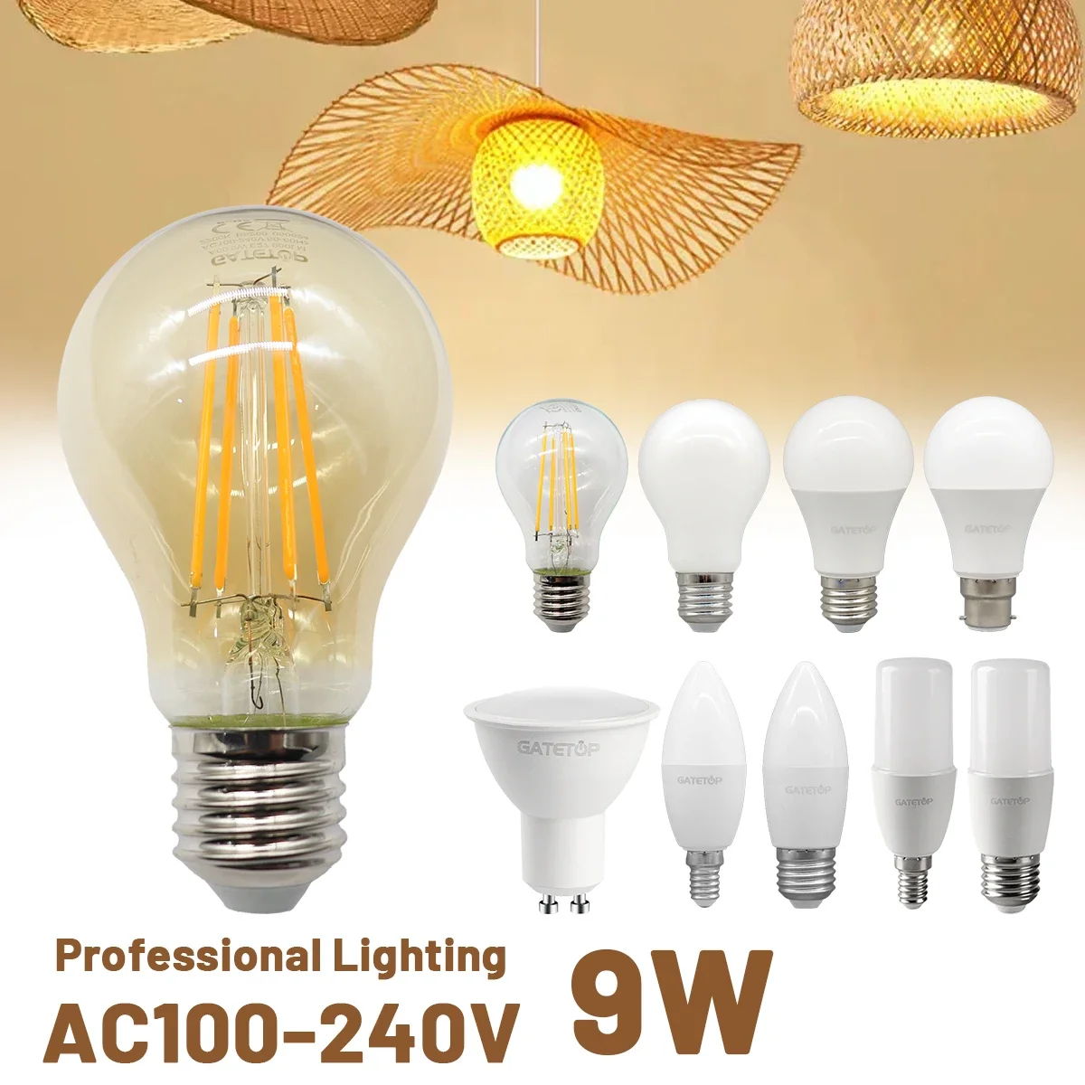 

5PCS LED Filament Bulb 9W Retro Edison Vintage Lamp E27 B22 E14 GU10 Base Spot Light AC 220V 110V Glass Light Bulbs for Home