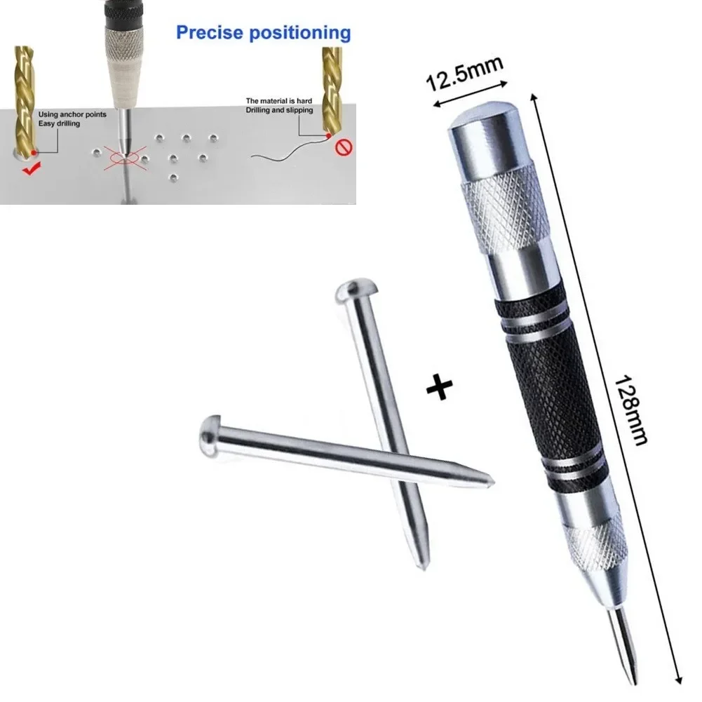 

Automatic Center Punch Black+silver Carbon Steel+alloy Steel Non Slip Grip Spring Loaded Tool With 2 Pcs Spare Punch