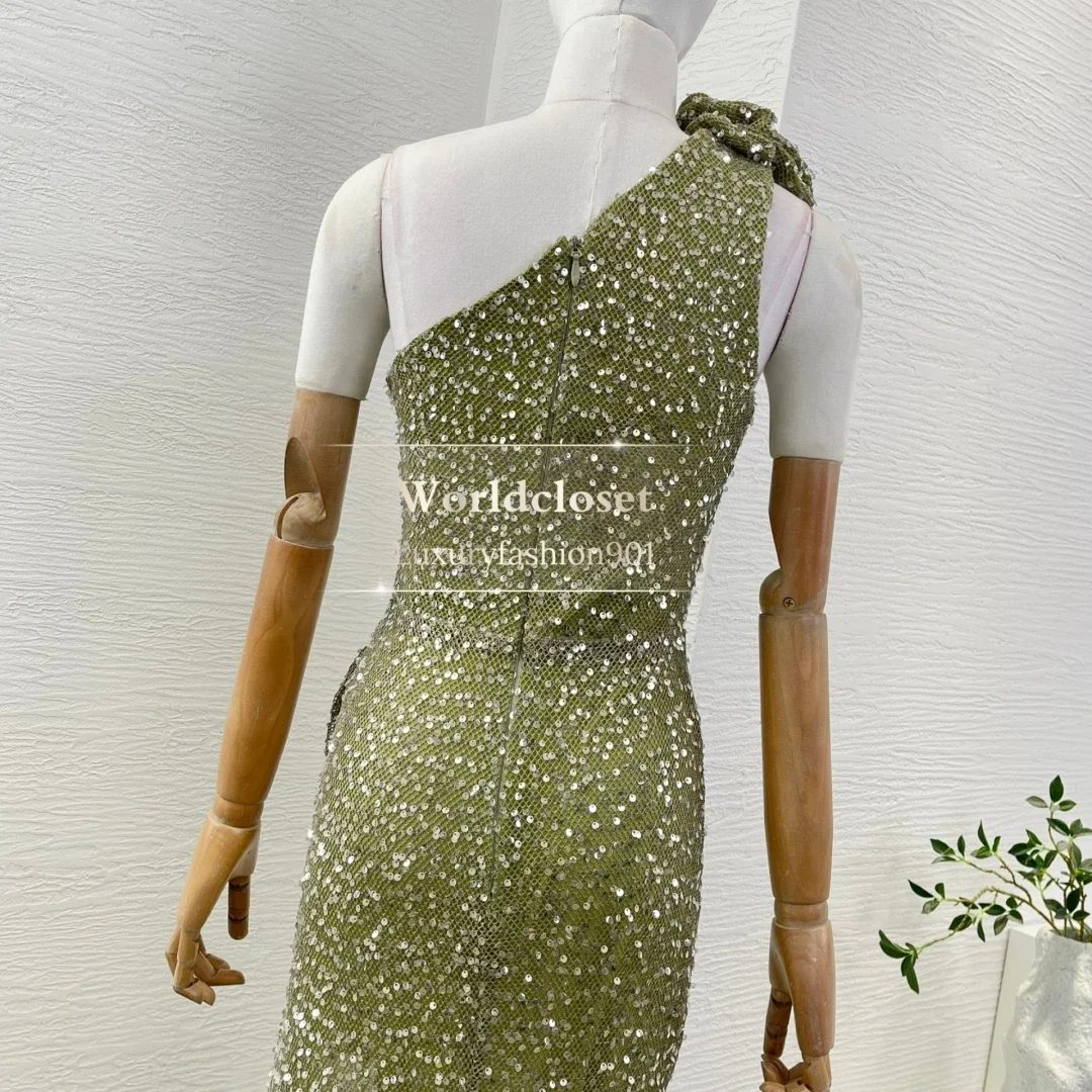 Green Sleeveless Sequins Cut Out Flowers Appliqued Dress Women 2025 Summer