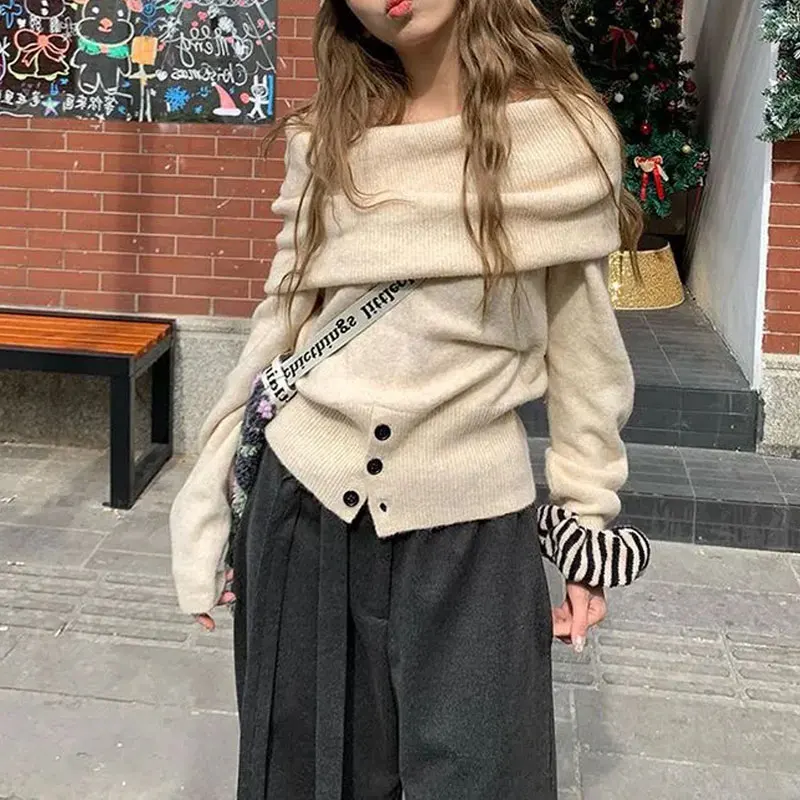 

Female Clothing Slash Neck Sweaters French Style Patchwork Autumn Winter Vintage Basic Long Sleeve Aura Loose Knitted Pullovers