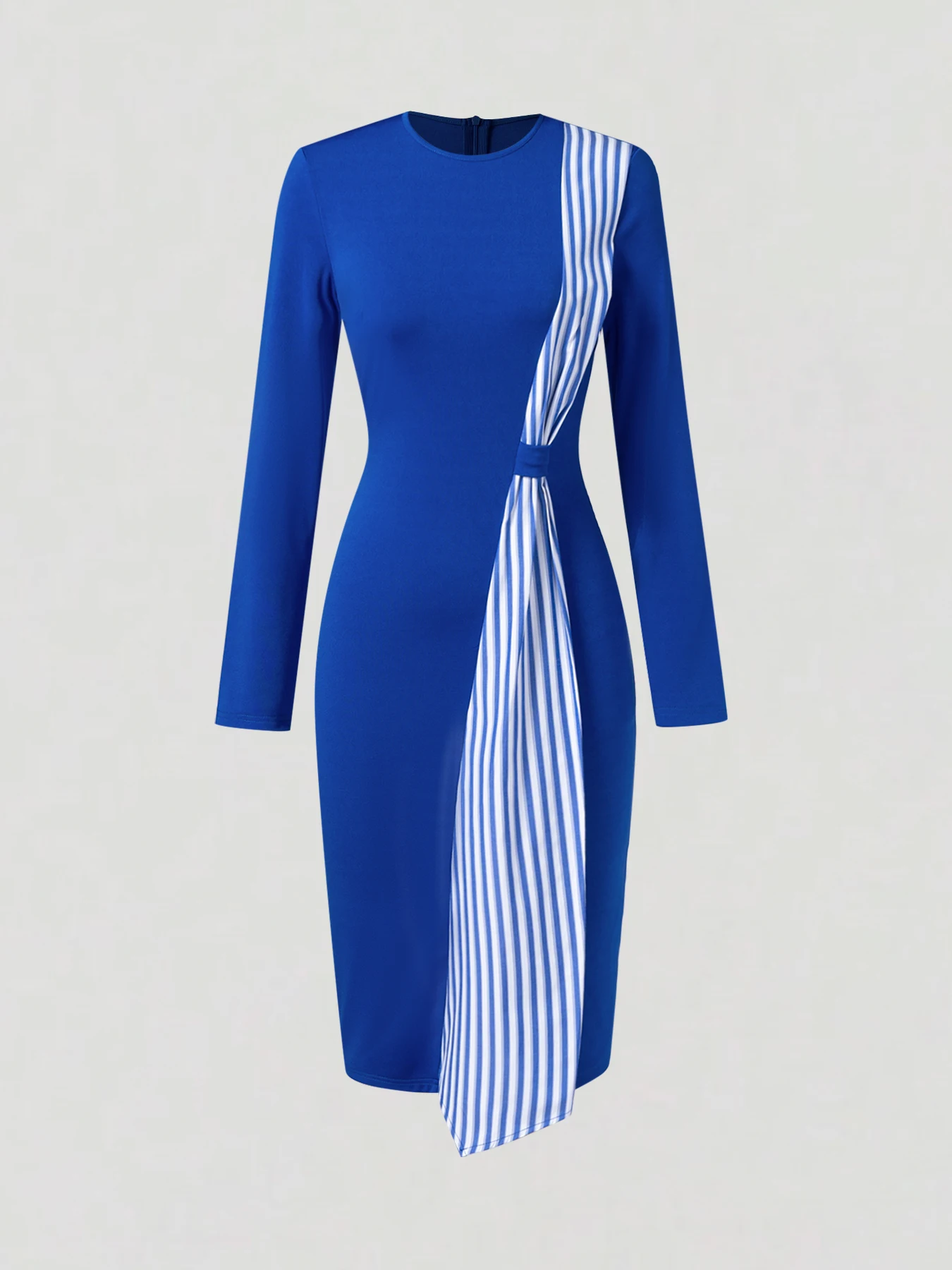Royal Blue Striped Patchwork Bodycon Midi Dress Women Long Sleeve O Neck Slim Fit Wrap Casual Party Elegant Pencil Dress view 4