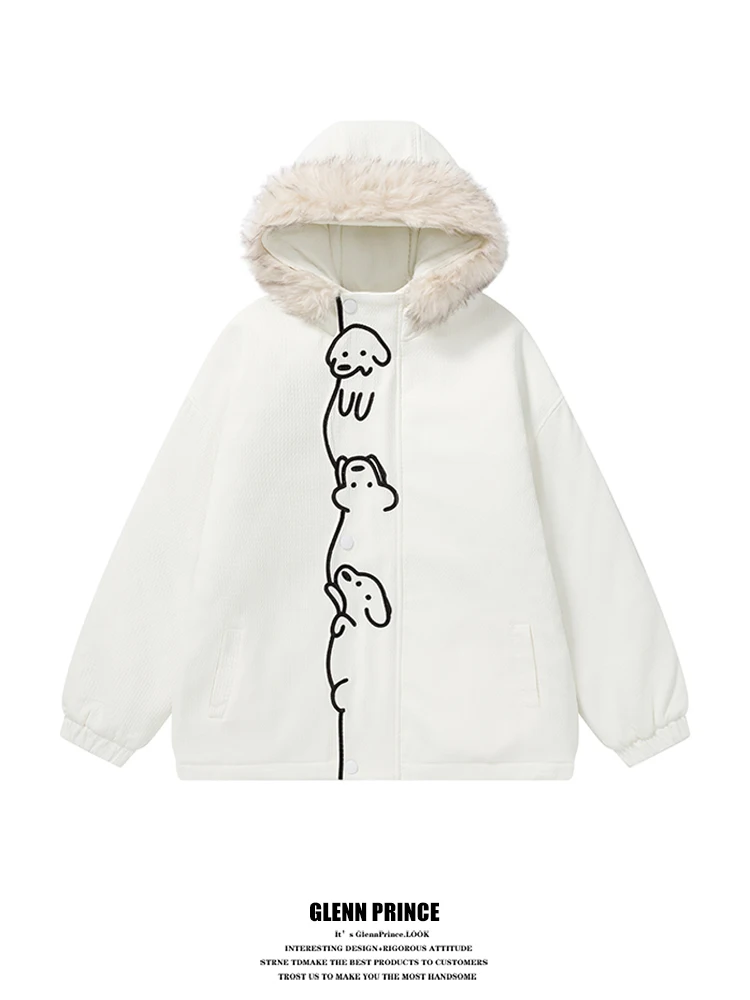 

Теплая хлопковая куртка с вышивкой и капюшоном для мужчин, зимнее пальто в университетском стиле с милым вышитым рисунком маленькой собачки, воротник из искусственного меха, повседневная верхняя одежда