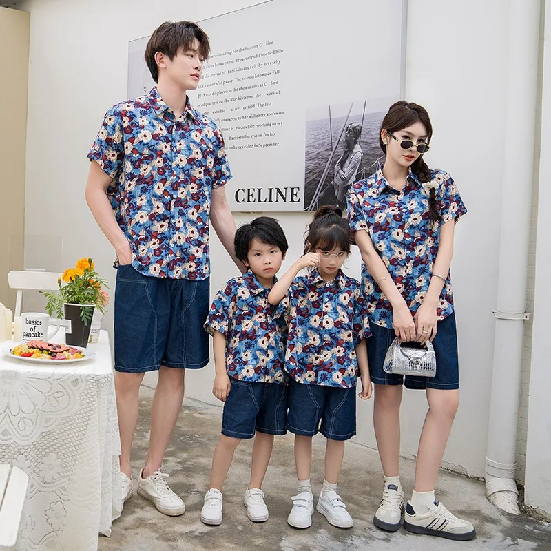 Floral Family Matching Outfits Polo Shirt Couple Set Wear Jean Short Pants Summer Holiday Women Blouse Tee Hawaii t-shirt