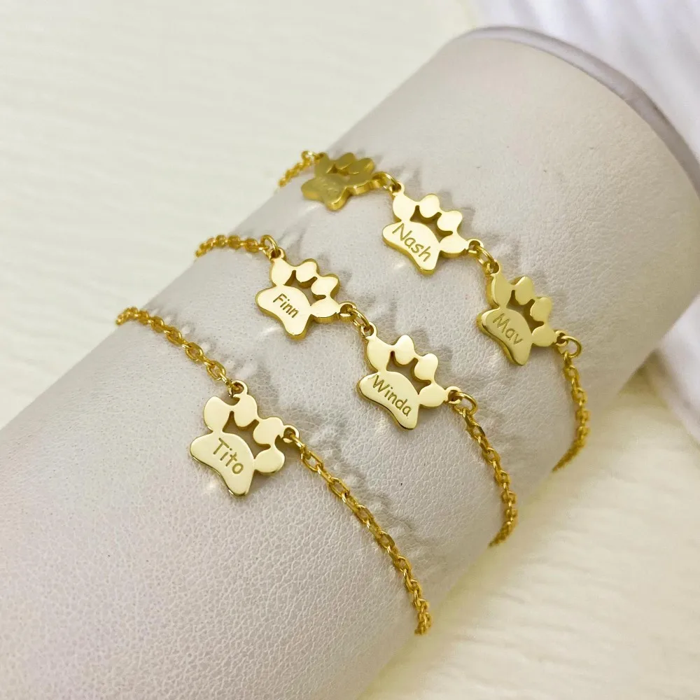 Bracciale con stampa zampa Bracciale personalizzato con nome dell'animale domestico Bracciale delicato in argento sterling placcato oro 18 carati per gioielli da regalo per cani da donna