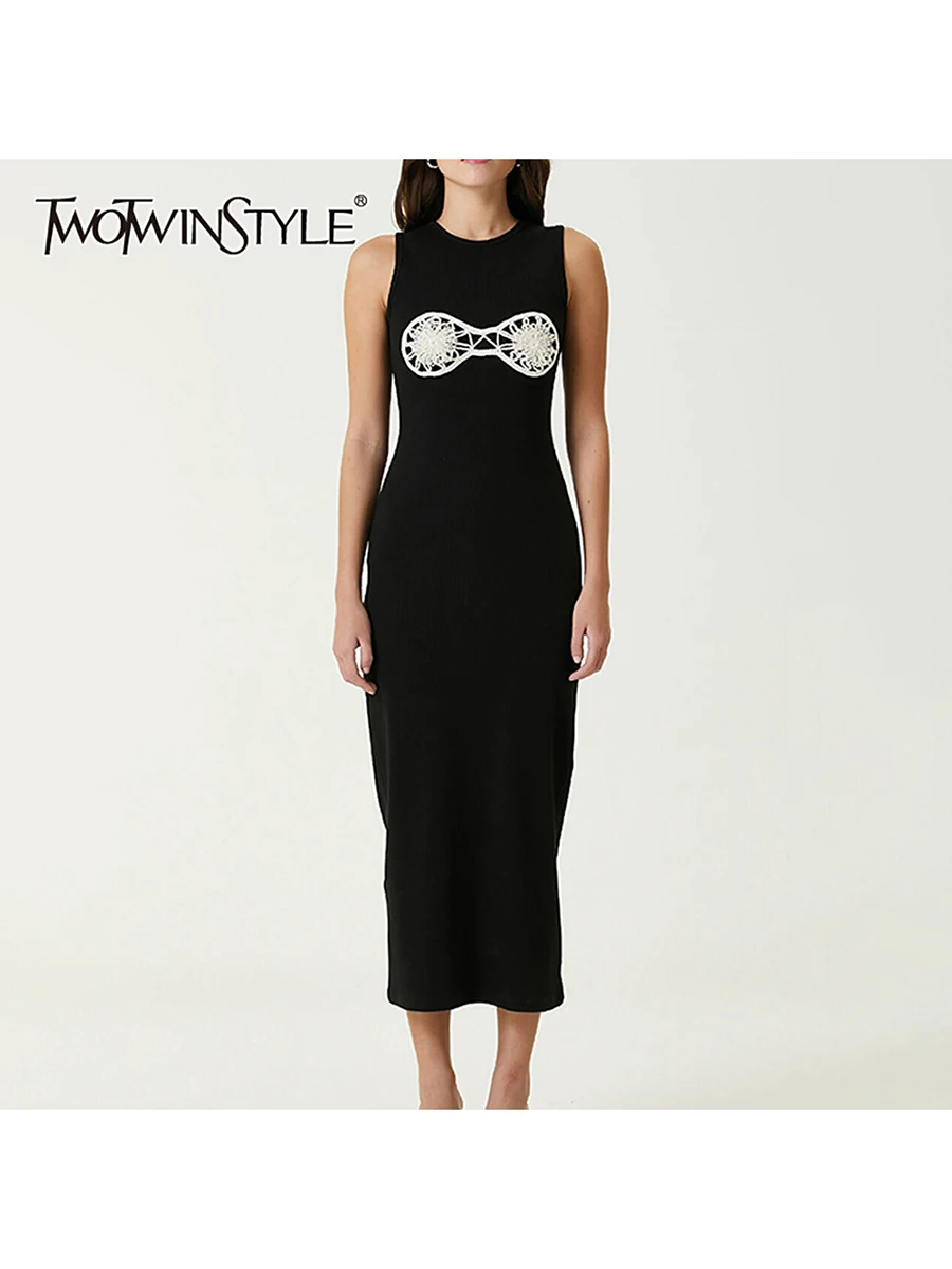 Twotwinstyle 固体痩身スプライシングアップリケロングドレス女性のためのラウンドネックノースリーブミニマリストドレス女性服新