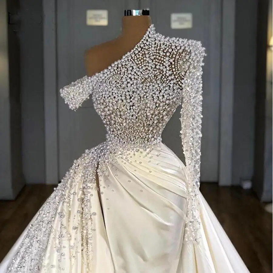 Abiti da sposa di lusso a sirena Dubai Illusion perle perline una spalla raso maniche lunghe gonne abiti da sposa taglie forti